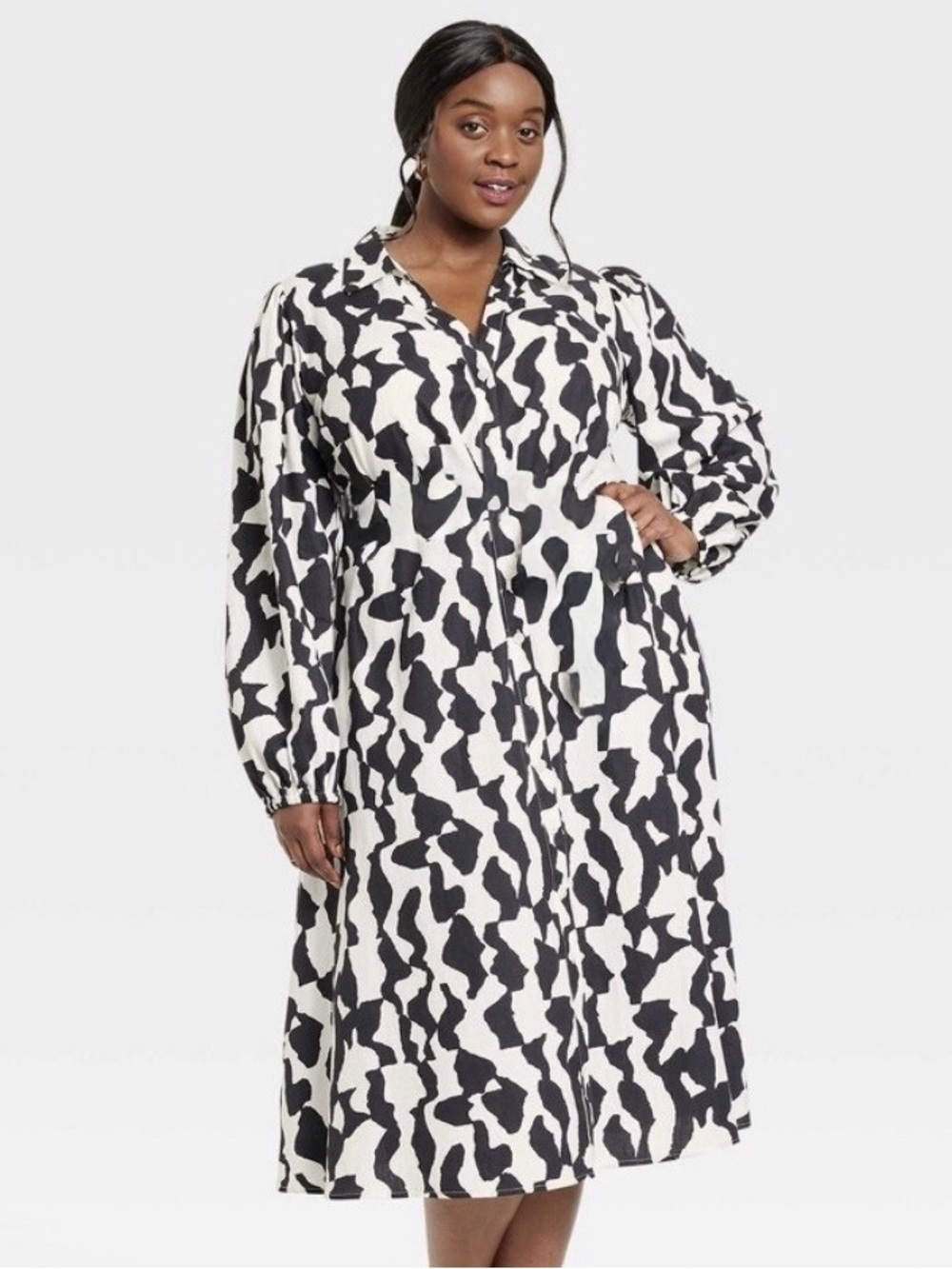 Ava & Viv Elegant Balloon Long Sleeve Shirtdress Cotton Black - Size 2X